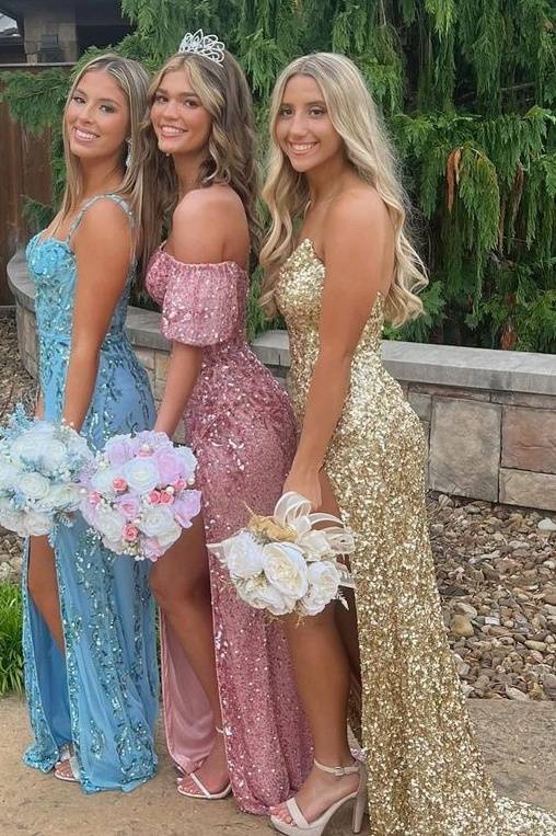 Glamorous Sweep Train Sequined Mermaid Party Dresses with Slit