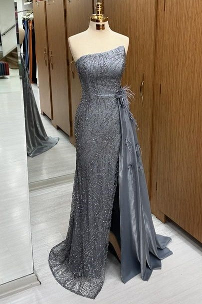 Stylish Sweep Train Sequined Mermaid Strapless Prom Dresses with Fur