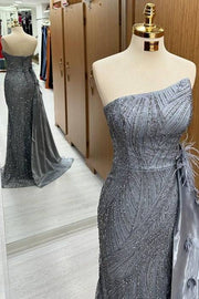 Stylish Sweep Train Sequined Mermaid Strapless Prom Dresses with Fur