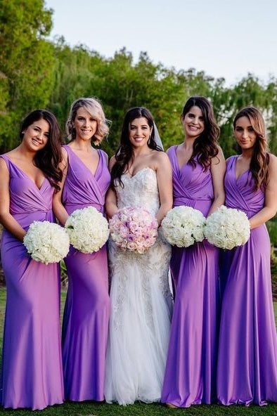 Purple Satin V-Neck Floor-Length Bridesmaid Dresses