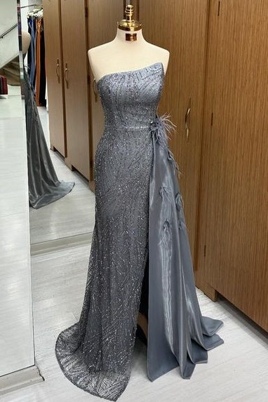 Stylish Sweep Train Sequined Mermaid Strapless Prom Dresses with Fur