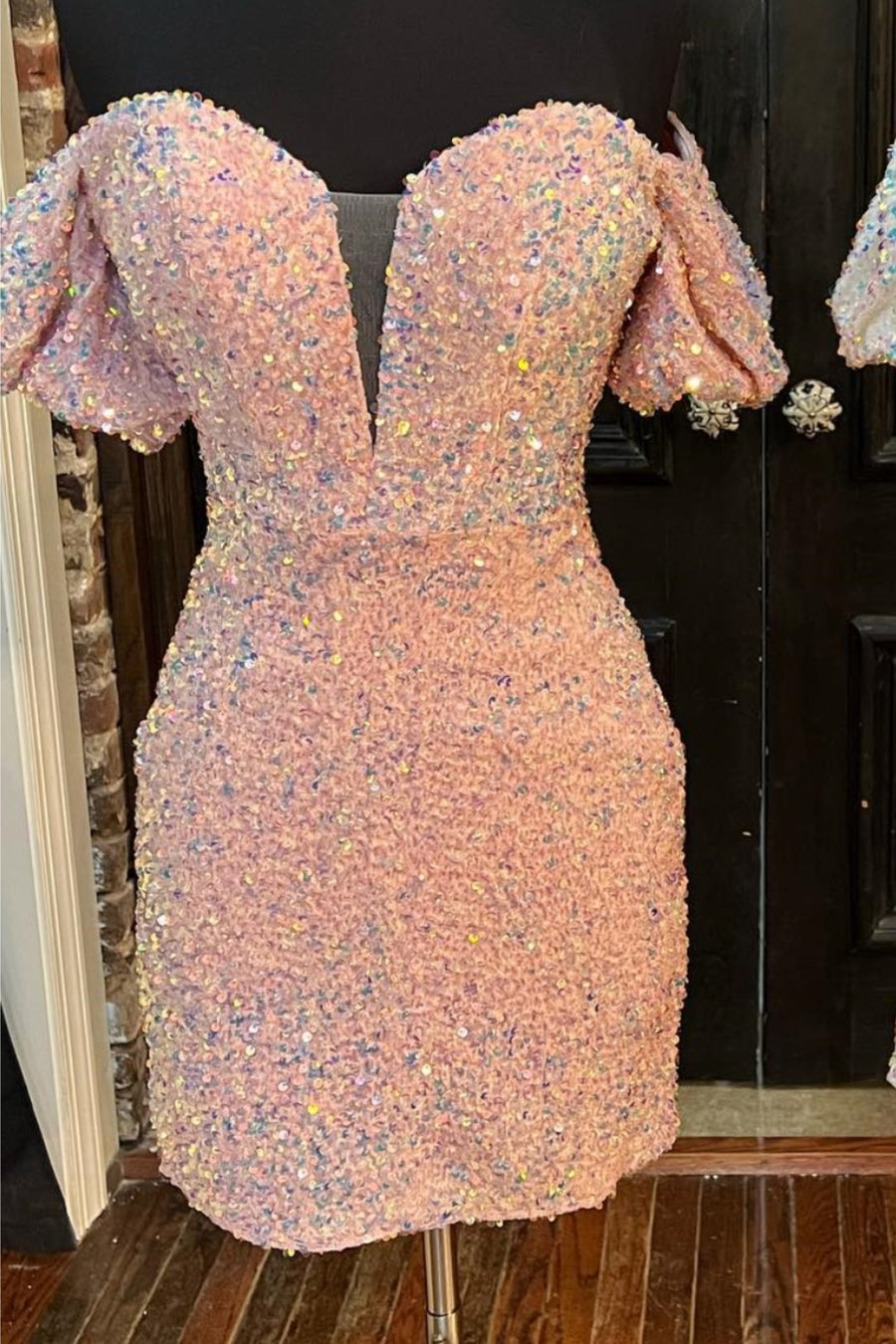 Pink Sequined Off-The-Shoulder V-Neck Sheath Homecoming Dresses