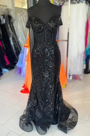 Black Off-The-Shoulder Sequined Tulle Mermaid Long Prom Dresses