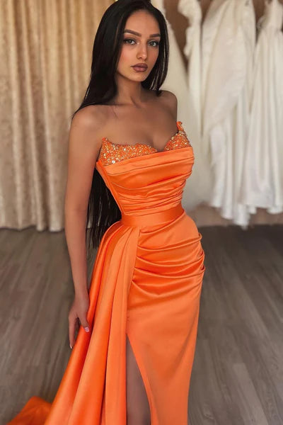 Orange Luxurious Strapless Satin Mermaid  Party Prom Dresses with Slit