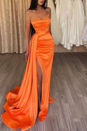 Orange Luxurious Strapless Satin Mermaid  Party Prom Dresses with Slit