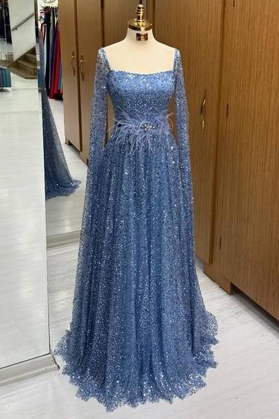 Elegant Square Neck Long Sleeves Sweep Train Sequined A-Line Prom Dresses