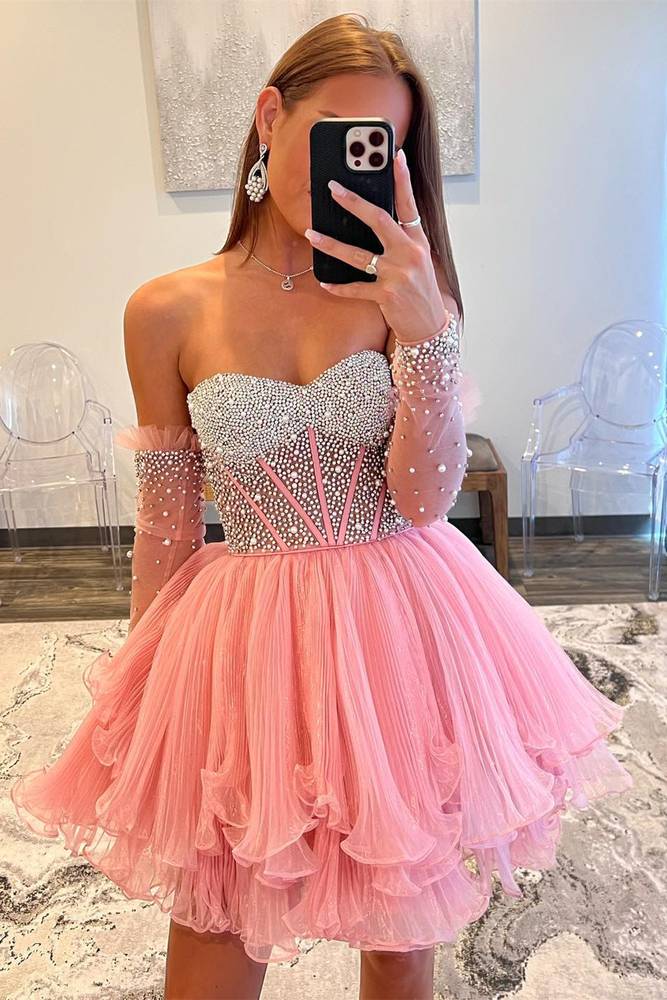 Cute Pink Beaded Long Sleeves Sweetheart Strapless A-Line Homecoming Dresses