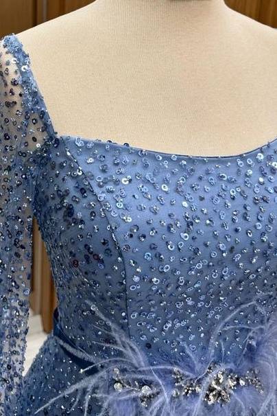 Elegant Square Neck Long Sleeves Sweep Train Sequined A-Line Prom Dresses