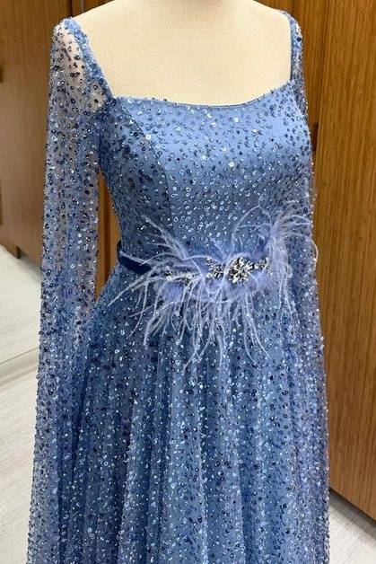 Elegant Square Neck Long Sleeves Sweep Train Sequined A-Line Prom Dresses