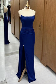 Trendy Floor-Length Strapless Sleeveless Mermaid Satin Prom Dresses with Slit