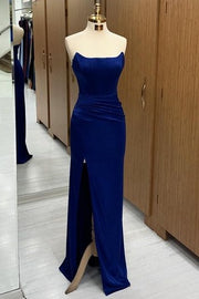 Trendy Floor-Length Strapless Sleeveless Mermaid Satin Prom Dresses with Slit