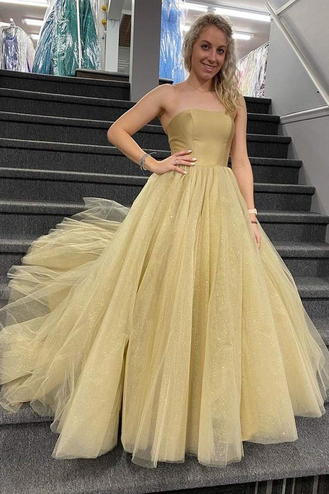 Glamorous Strapless Long A-Line Tulle Evening Dresses