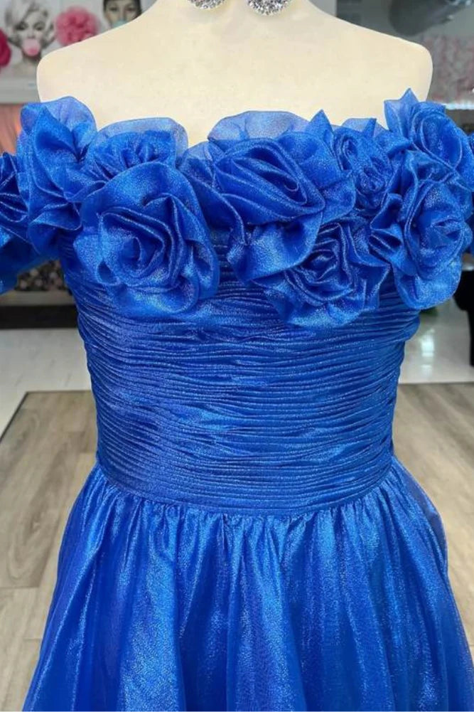 Royal Blue 3D Floral Off-The-Shoulder A-Line Long Formal Dresses