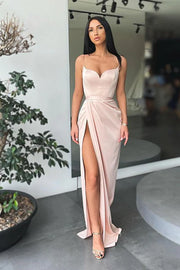 Pink Sexy Spaghetti Straps Mermaid Satin Evening Dresses with Slit