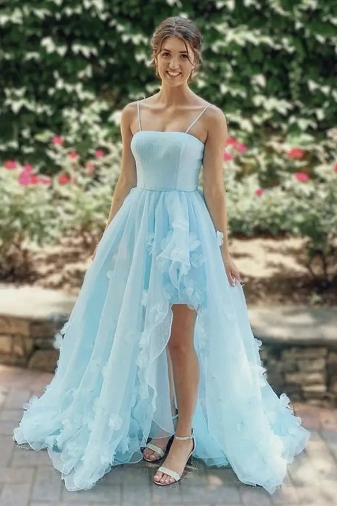 Light Blue Spaghetti Straps A-Line Tulle Evening Dresses with Slit