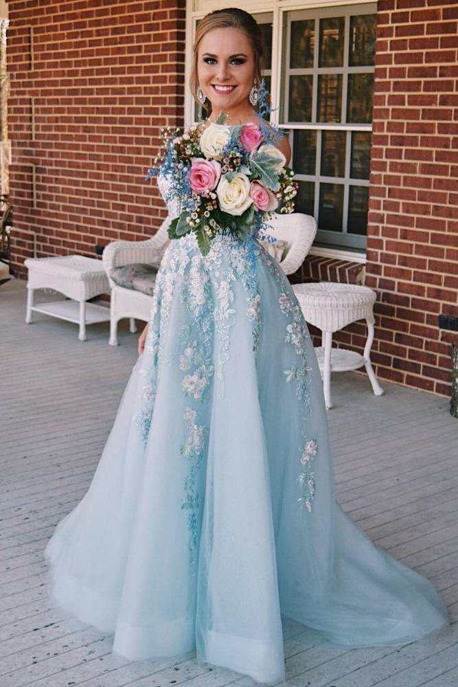 Blue V-Neck Long A-Line Tulle Prom Dresses with Appliques