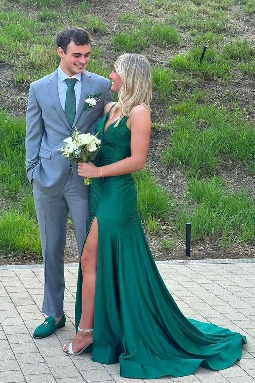 Dark Green V-Neck Backless Mermaid Satin Prom Dresses with Slit