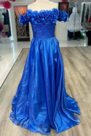 Royal Blue 3D Floral Off-The-Shoulder A-Line Long Formal Dresses