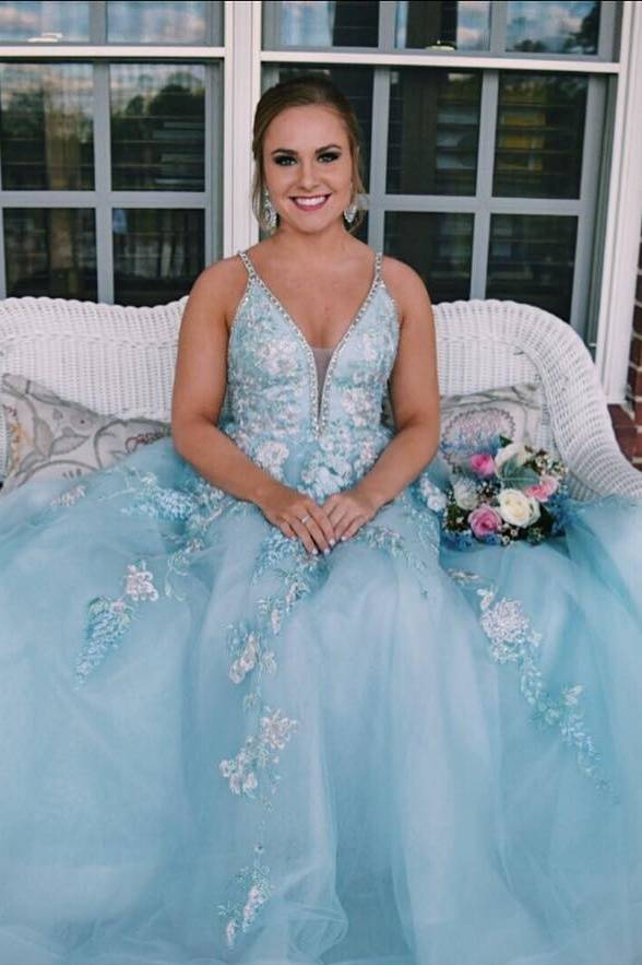 Blue V-Neck Long A-Line Tulle Prom Dresses with Appliques