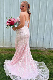 Blushing Pink One-Shoulder Sleeveless Sequined Sheath Prom Dresses with Slit