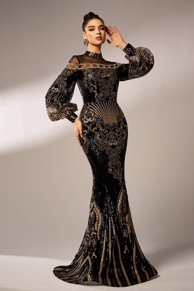 Black High Neck Long Sleeves Mermaid Sequin Evening Prom Dresses