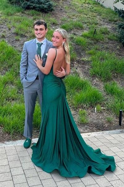 Dark Green V-Neck Backless Mermaid Satin Prom Dresses with Slit