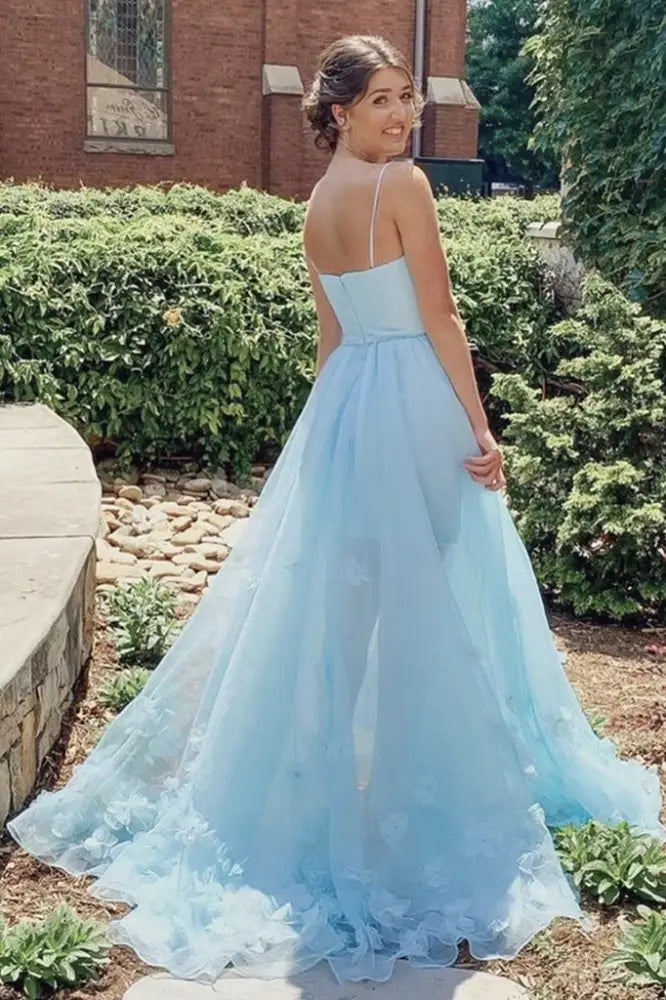 Light Blue Spaghetti Straps A-Line Tulle Evening Dresses with Slit