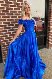 Royal Blue 3D Floral Off-The-Shoulder A-Line Long Formal Dresses