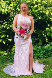 Blushing Pink One-Shoulder Sleeveless Sequined Sheath Prom Dresses with Slit