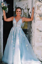 Blue V-Neck Long A-Line Tulle Prom Dresses with Appliques