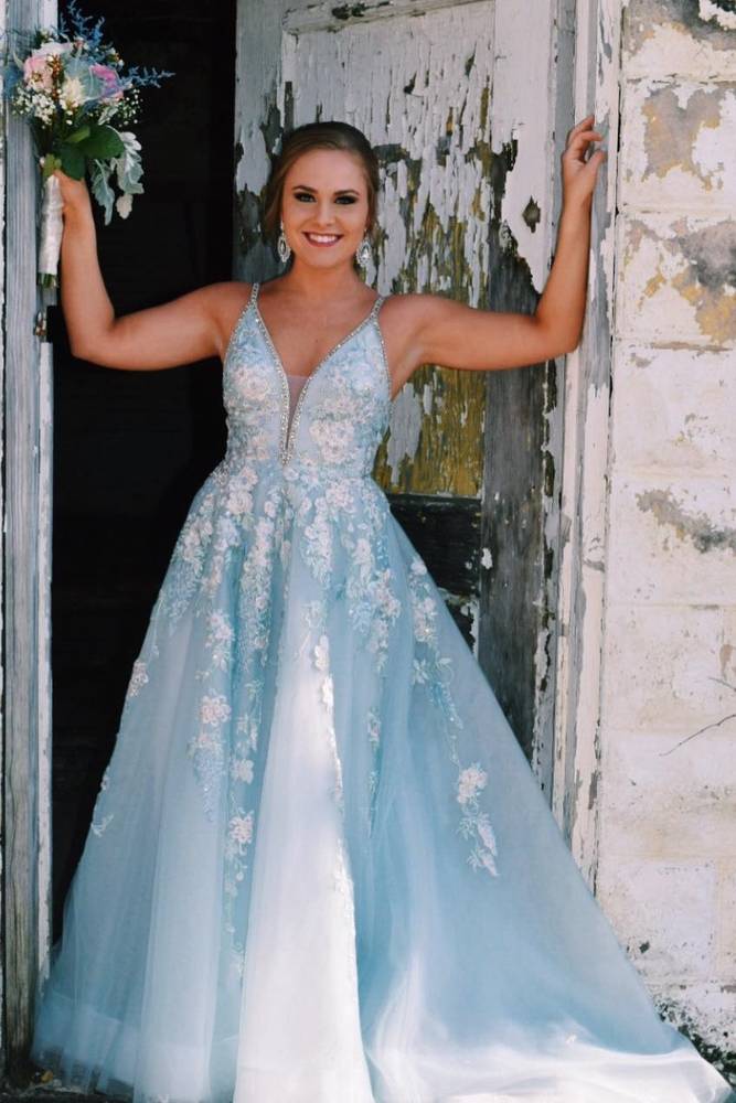 Blue V-Neck Long A-Line Tulle Prom Dresses with Appliques