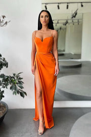 Orange Sexy Spaghetti Straps Mermaid Satin Evening Dresses with Slit