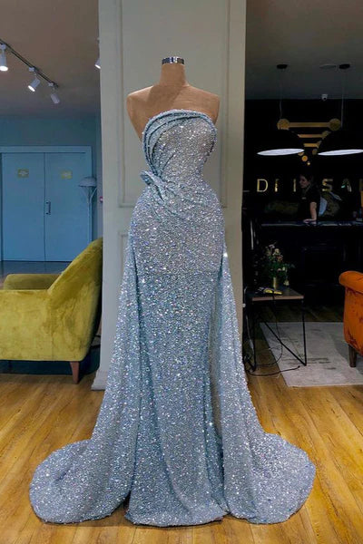 Blue Sequined Strapless Mermaid Party Prom Dresses with Beads