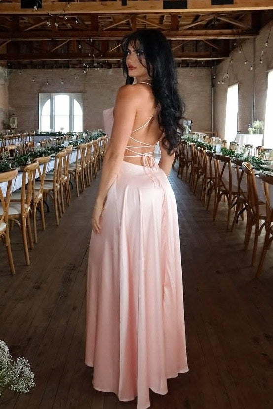 Charming Pink Spaghetti Straps Satin Prom Dresses with Slit