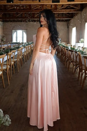 Charming Pink Spaghetti Straps Satin Prom Dresses with Slit