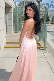 Charming Pink Spaghetti Straps Satin Prom Dresses with Slit