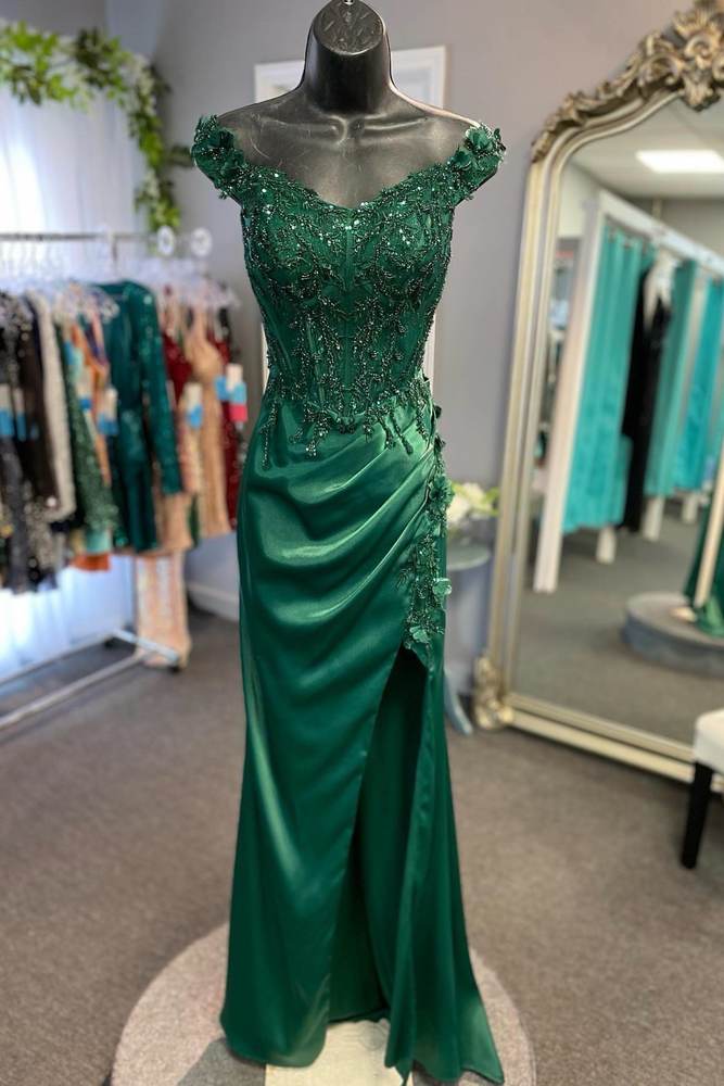 Dark Green Split Front Off-The-Shoulder Satin Mermaid Long Prom Dresses