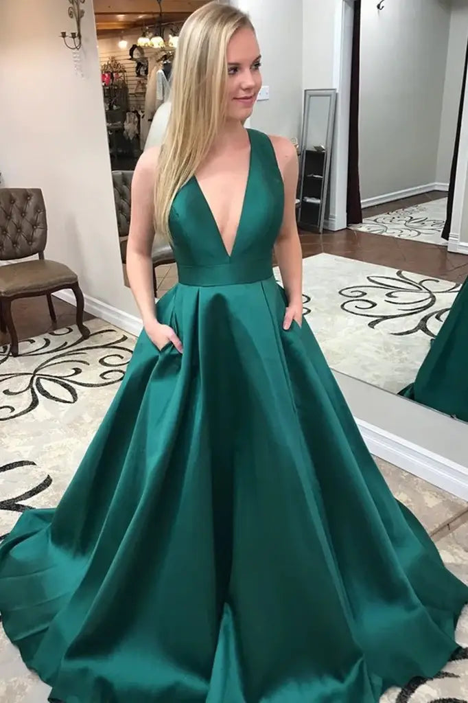 Dark Green Long V-Neck A-Line Satin Prom Dresses with Pockets