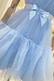 Sky Blue Strapless Short A-Line Tulle Homecoming Dresses with Sash