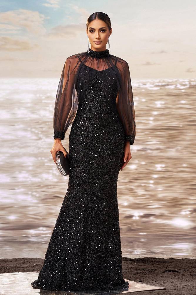 Black Sequined Mermaid Tulle Long Sleevs Evening Dresses with High Neck