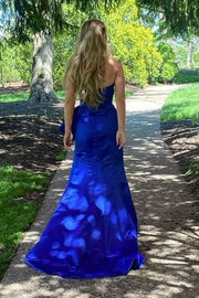 Royal Blue V-Neck Strapless Mermaid Split Front Prom Dresses with Bow