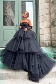 Black Strapless Ball Gown Tulle Wedding Dresses with Detachable Sleeves