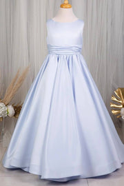 Blue Long A-Line Satin Sleeveless Flower Girl Dresses with Bow