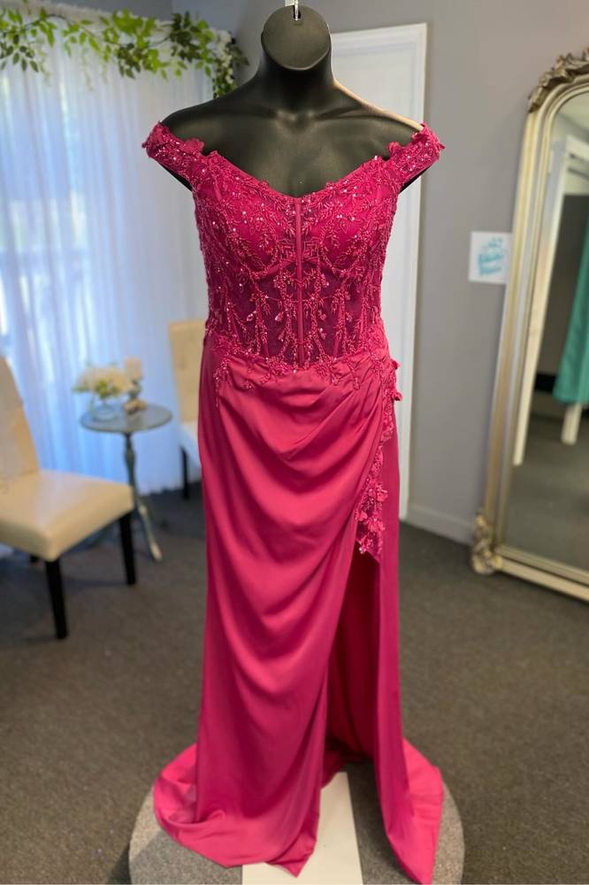 Fuchsia Split Front Off-The-Shoulder Satin Mermaid Long Prom Dresses