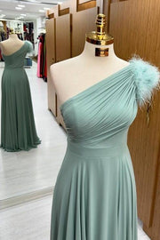 Glamorous Floor-Length One-Shoulder Sleeveless A-Line Chiffon Prom Dresses with Fur