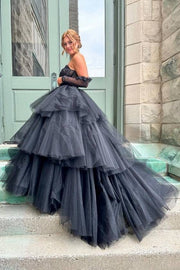 Black Strapless Ball Gown Tulle Wedding Dresses with Detachable Sleeves