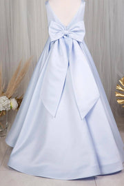 Blue Long A-Line Satin Sleeveless Flower Girl Dresses with Bow