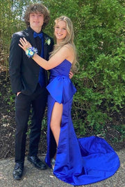 Royal Blue V-Neck Strapless Mermaid Split Front Prom Dresses with Bow