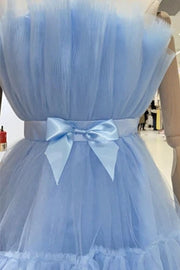 Sky Blue Strapless Short A-Line Tulle Homecoming Dresses with Sash