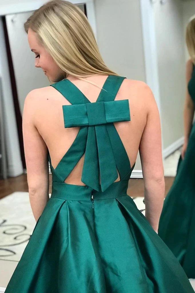 Dark Green Long V-Neck A-Line Satin Prom Dresses with Pockets